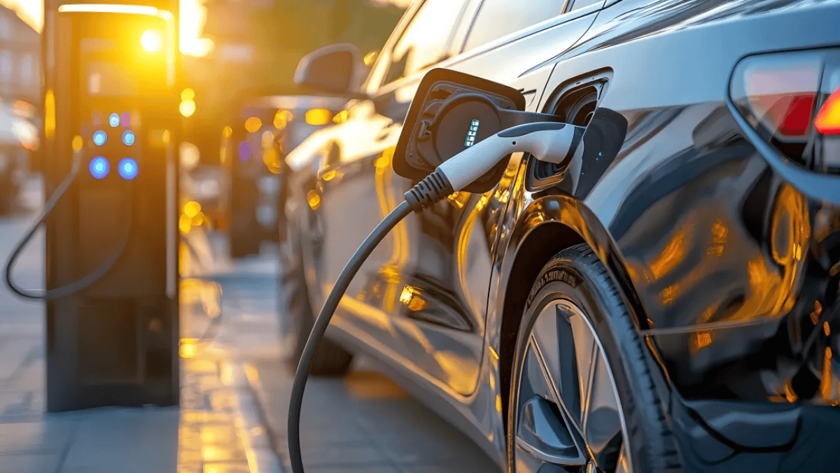 Electric car plugged into public fast charger during sunset on city street