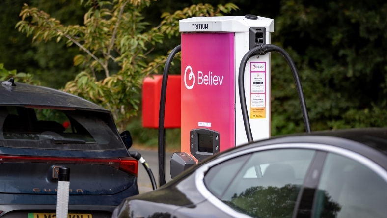 Believ-branded public EV charger installed in a residential area